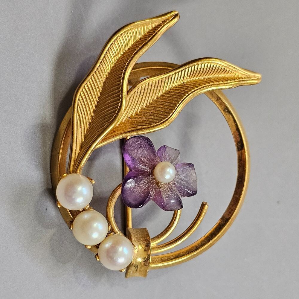 IPS 12K Gold Filled Circle Pin Brooch Pearls Leaves Purple MCM Vintage